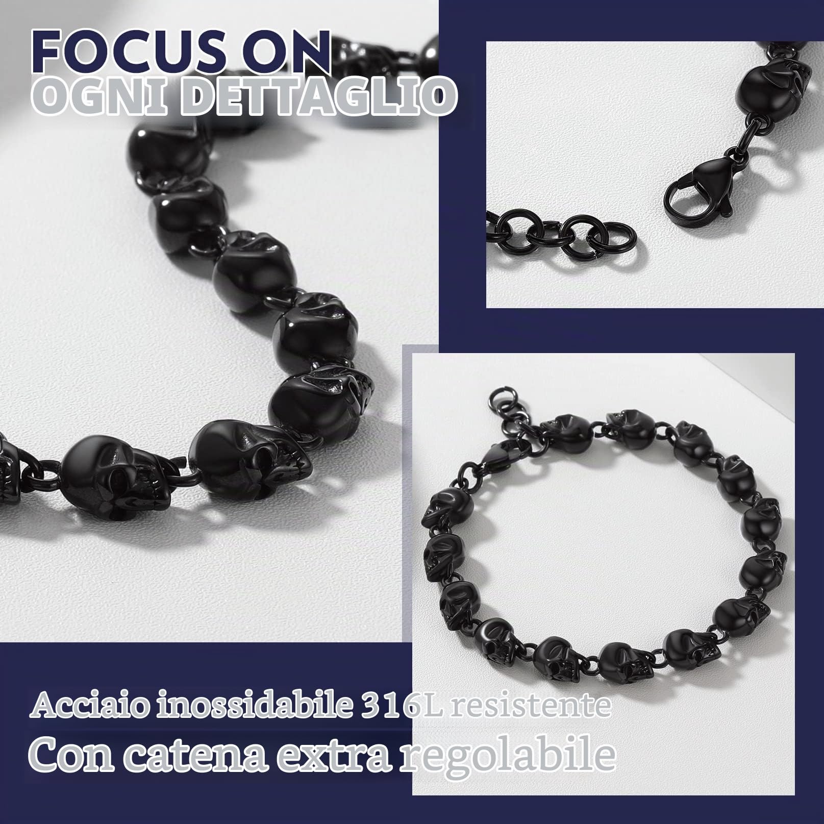 Bandmax Bracciale Rock Uomo con Teschio, 19-23 cm Lunghezza Bracciali Uomo Acciaio Inox, 2 Stili Bracciale Uomo Argento/Nero, Gioielli Braccialetti Uomo Ragazzo, Idee Regalo per Lui Fidanzato Papà