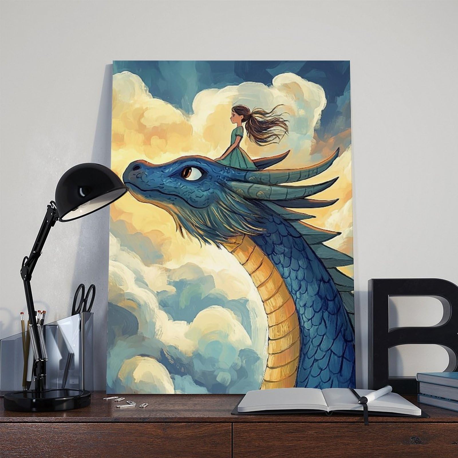 Poster su tela, motivo: ragazza che cavalca un drago, decorazione per