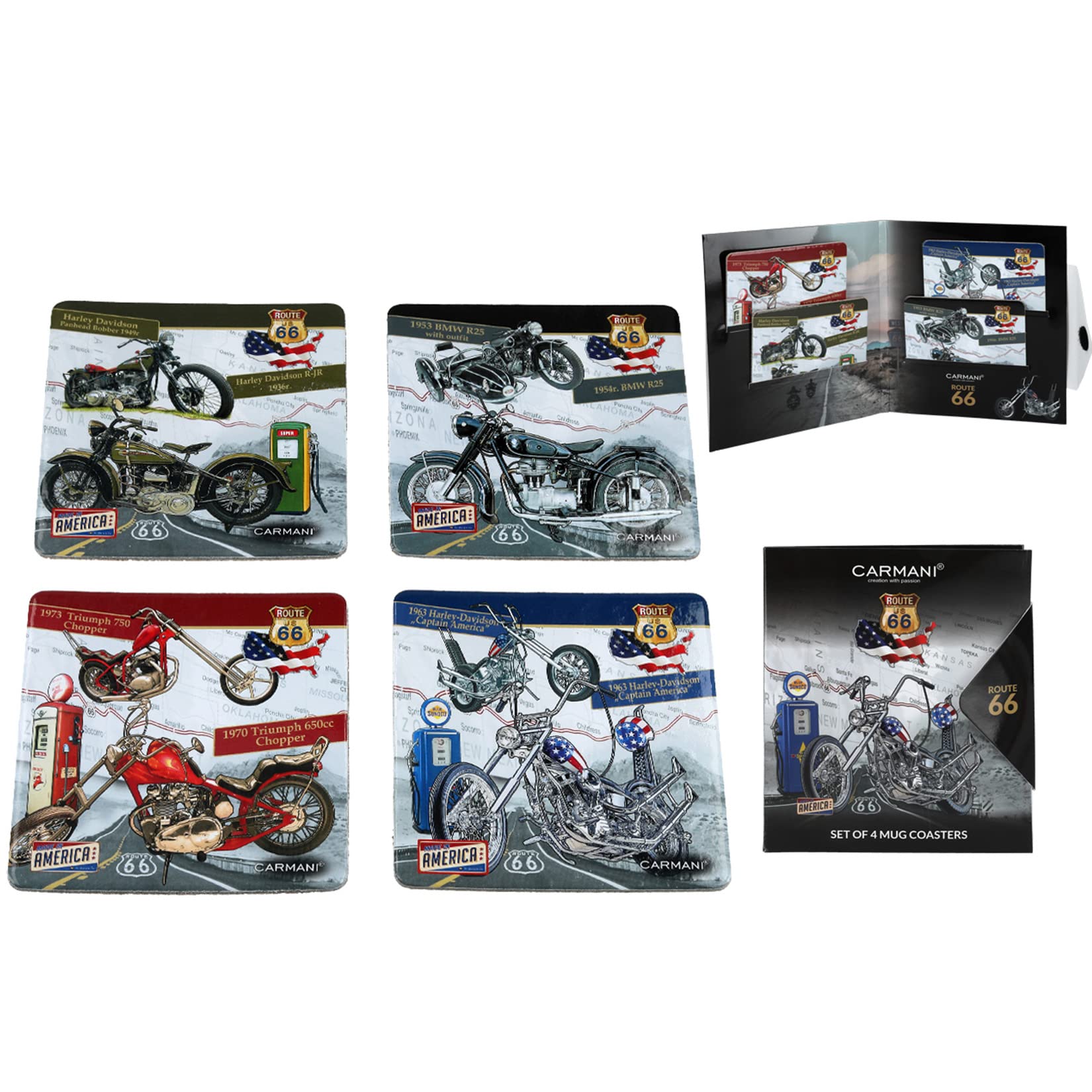 CARMANI - Square Cork Pad Set of 4 pieces cork mat/coaster decorated with Route66 Collection motocycles and cars