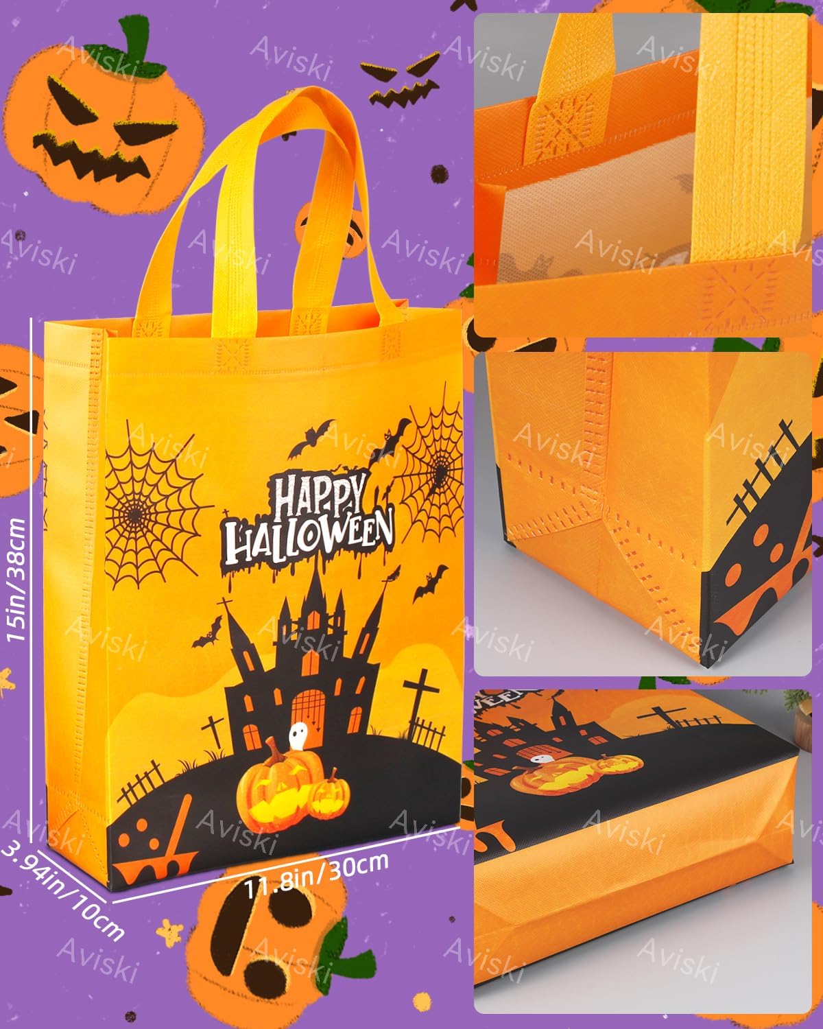 Aviski 8PCS Halloween Trick or Treat Bags, Non-Woven Large Gift Tote Bags with Handles for Gifts Wrapping, Halloween Party Supplies, 15 * 11.8 * 3.9inch - Image 2