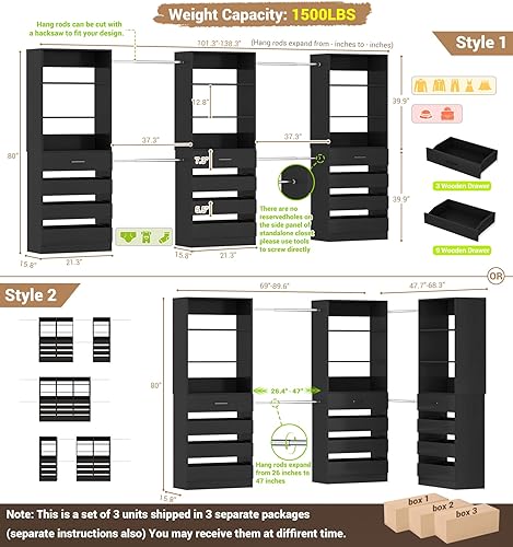 Miniatura 7 de Aheaplus Sistema de armario con 12 cajones, sistema organizador de armario de madera de 8.5 a 11.5 pies con 4 varillas para colgar y 3 torres, 4
