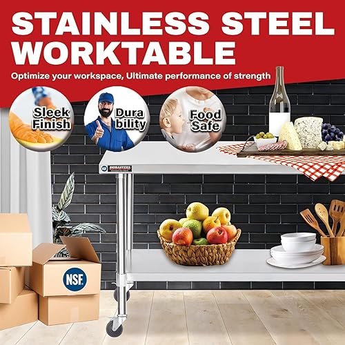 Vista 48 de DuraSteel - Mesa de acero inoxidable de 24 x 36 pulgadas, para preparación de alimentos, carrito de metal, mesa de trabajo comercial con ruedas