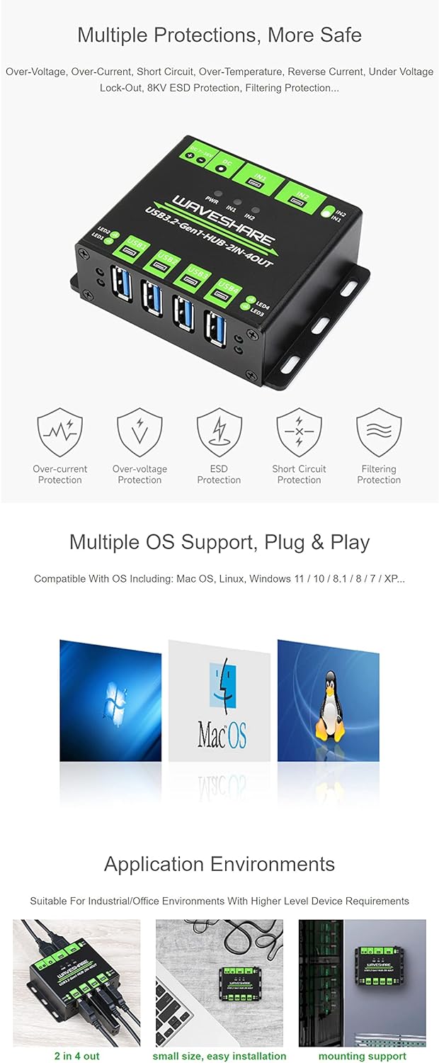 Industrial Grade USB 3.2 HUB, Switchable Dual Hosts, Multi Protections, Extending 4X USB Ports, 2 in 4 Out, Multi OS