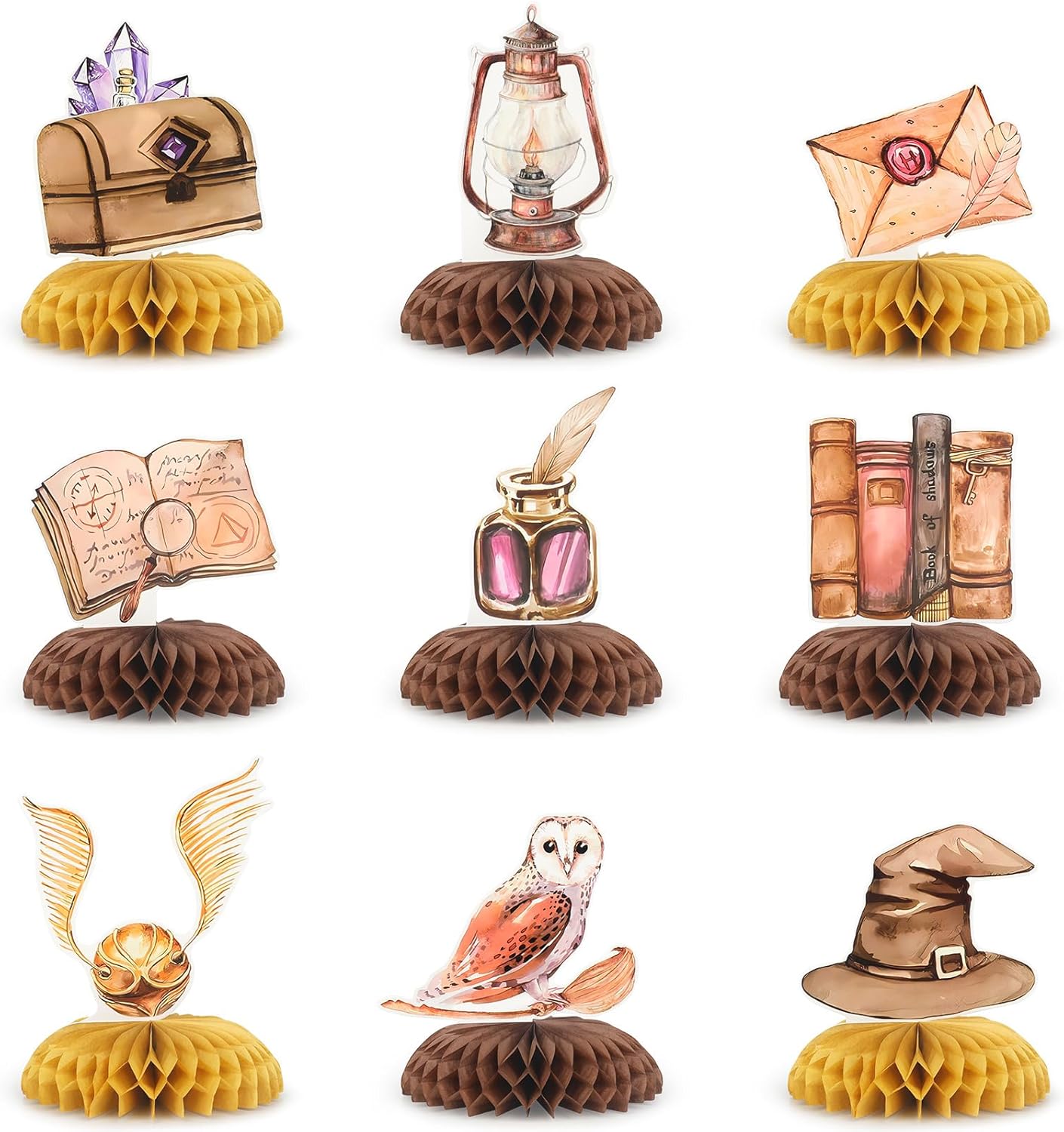 Magical Wizard Birthday Decorations - 9pcs Wizard-Themed Honeycomb Centerpieces & Bases for Magical Baby Showers, Kids Parties & Fantasy Themed Events