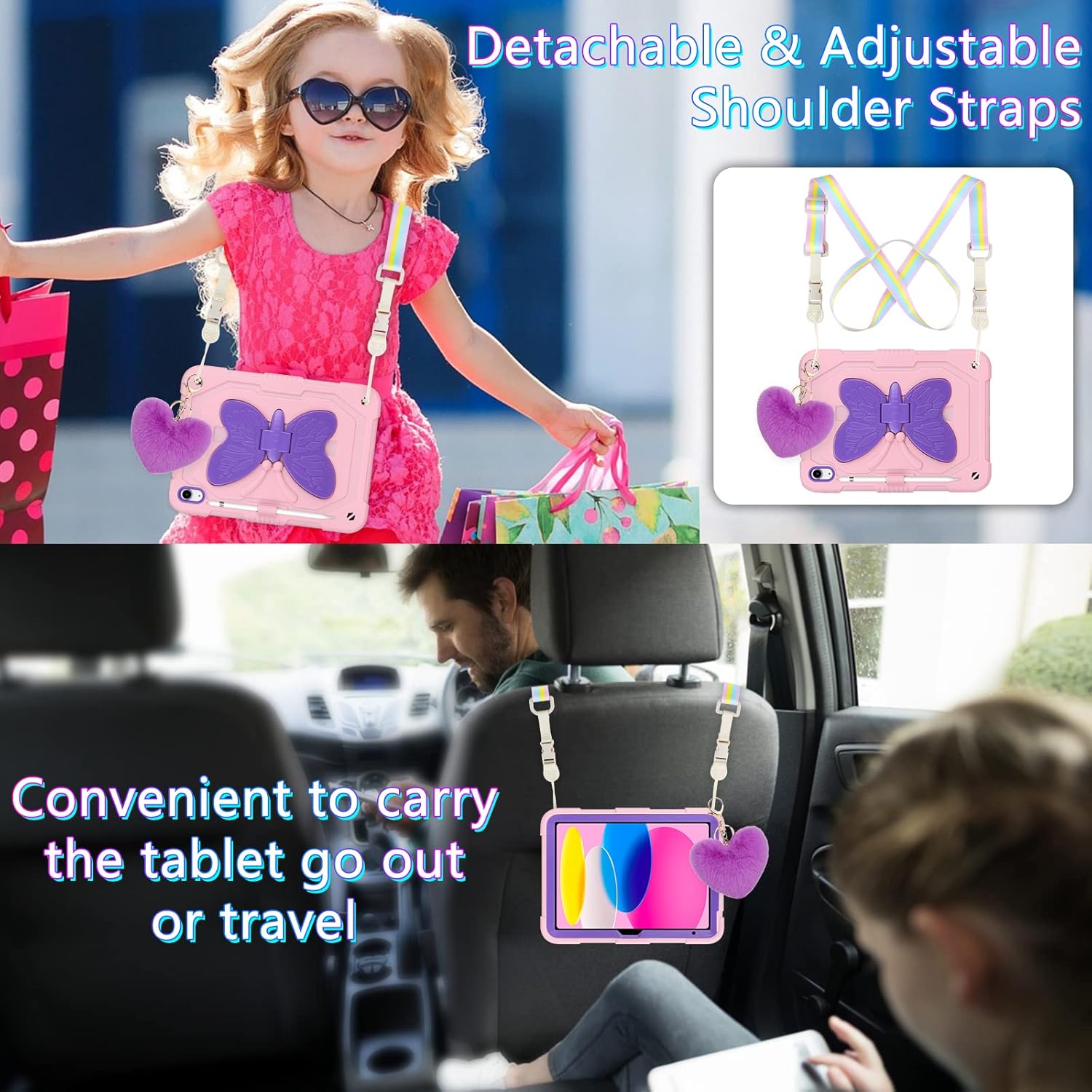 WESADN for iPad 10th Generation Case 10.9 inch 2022 for iPad A16 Case 11 inch 2025 with Screen Protector/Butterfly Kickstand/Lanyard/Keychain Rugged Cases Pencil Holder Girls Kids Cover Pink Purple