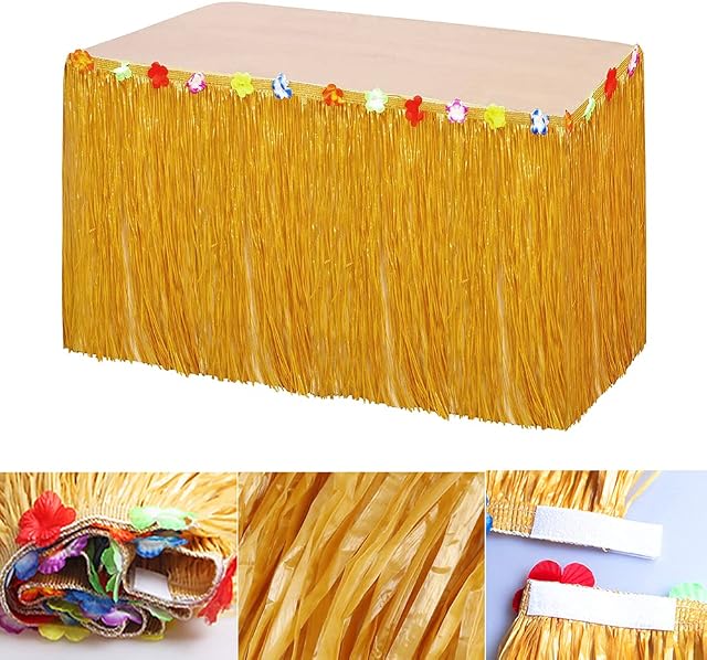 OTMVicor Hawaiian Table Skirt,9.6ft Grass Table Cloths with flowers,Hawaiian Decoration for Tiki Bar Skirt Hawaiian Party