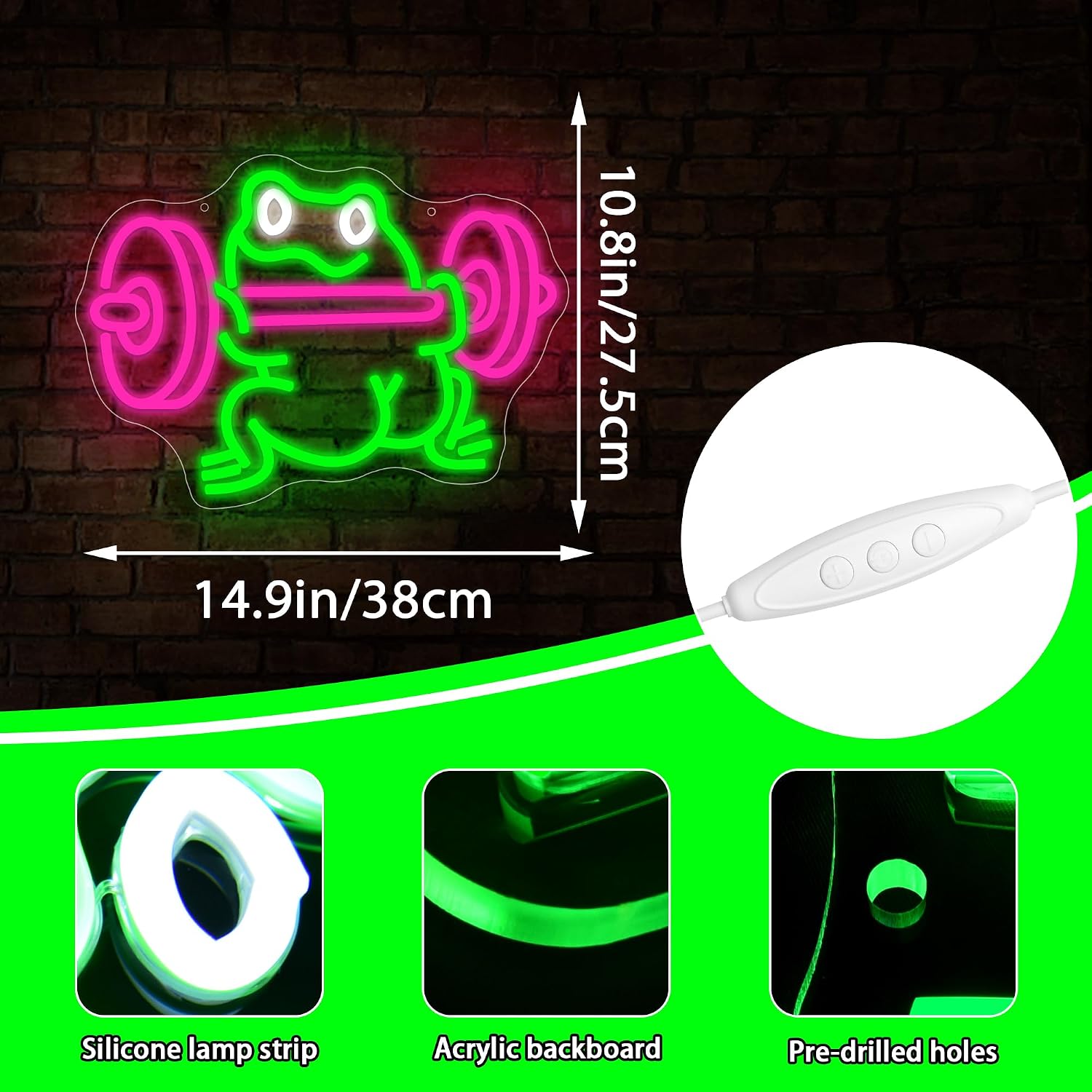 Fitness Frog Neon Sign for Wall Decor Dimmable Cartoon Frog LED Neon Light | Cool Anime LED Light Up Sign for Gym Bedroom Game Room Party Bar Store Man Cave Birthday Gifts Size 14.9*10.8 In