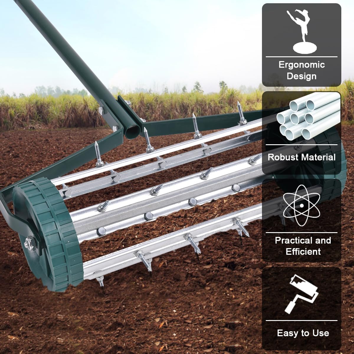 Rolling Lawn Aerator, Manual Grass Spikes Roller with Non-Slip Handle, Heavy Duty Outdoor Lawn Tool (45 x 21 x 126cm)