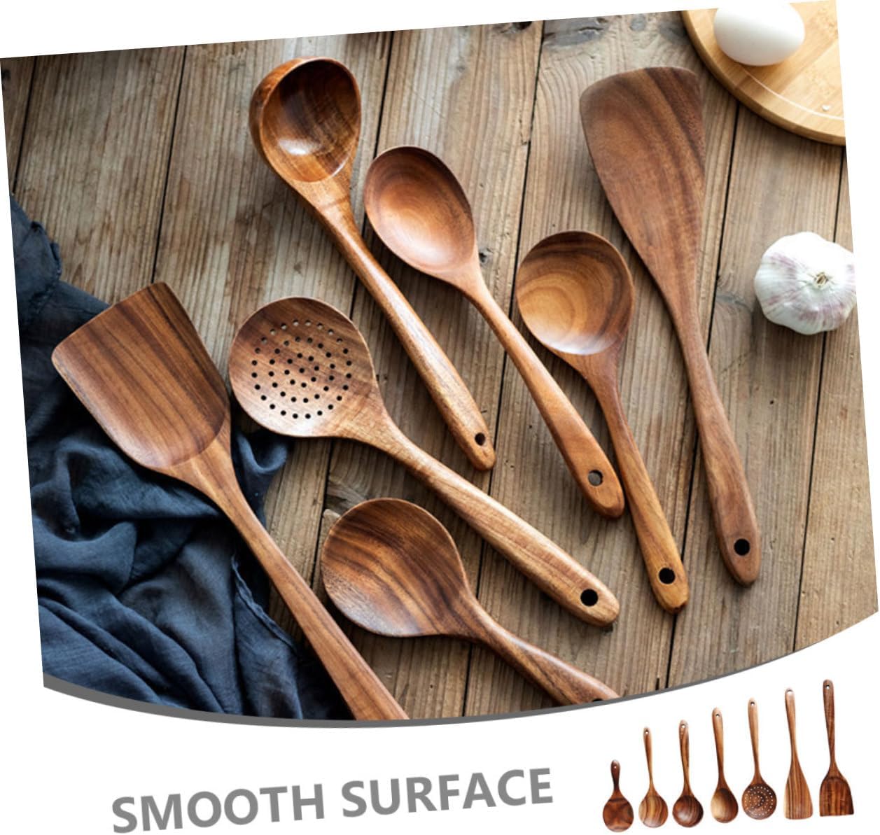 SAFIGLE Natural Wood Cooking Spoon Kitchen Utensils Non-stick Safe Wooden Spoons with Strainer for Home Restaurants Shops Ergonomic Grip Scratch-resistant Kitchen Supplies