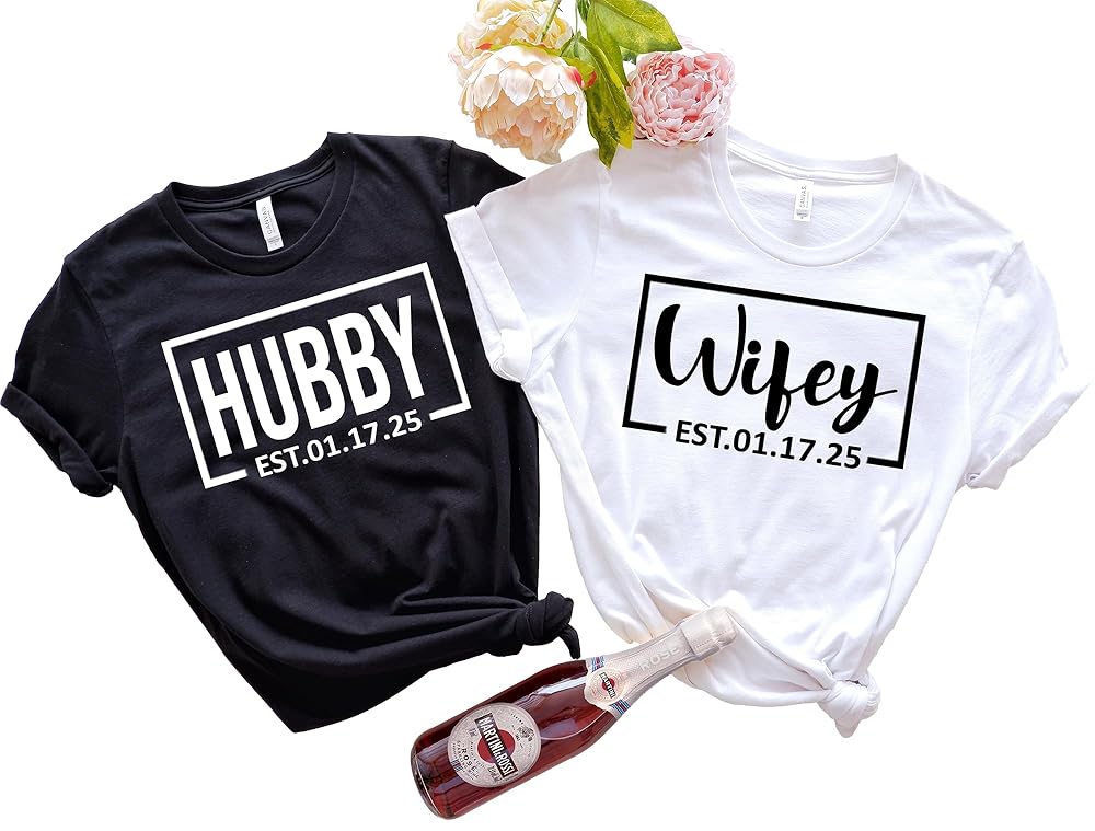Wifey And Hubby Shirt Wedding Party Shirts Honeymoon Shirts Matching Couple Shirts Wife and Husband Shirt Gift for Newly Married Couple Just Married Tshirt with Est Date