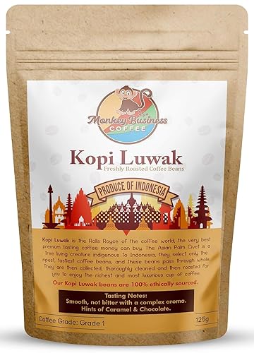 Monkey Business Coffee - Granos enteros de café Wild Kopi Luwak - De origen ético - 4.41 oz (4.4 onzas) (otros pesos y tipos de frijoles