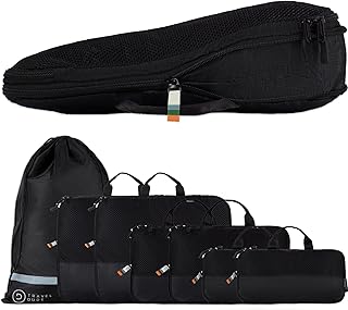 Packwürfel Set mit Kompression aus recycelten Plastikflaschen, Leichte Packing Cubes, Packtaschen Set für Rucksack und als Koffer Organizer, Zubehör (Schwarz, 7-teiliges Set)