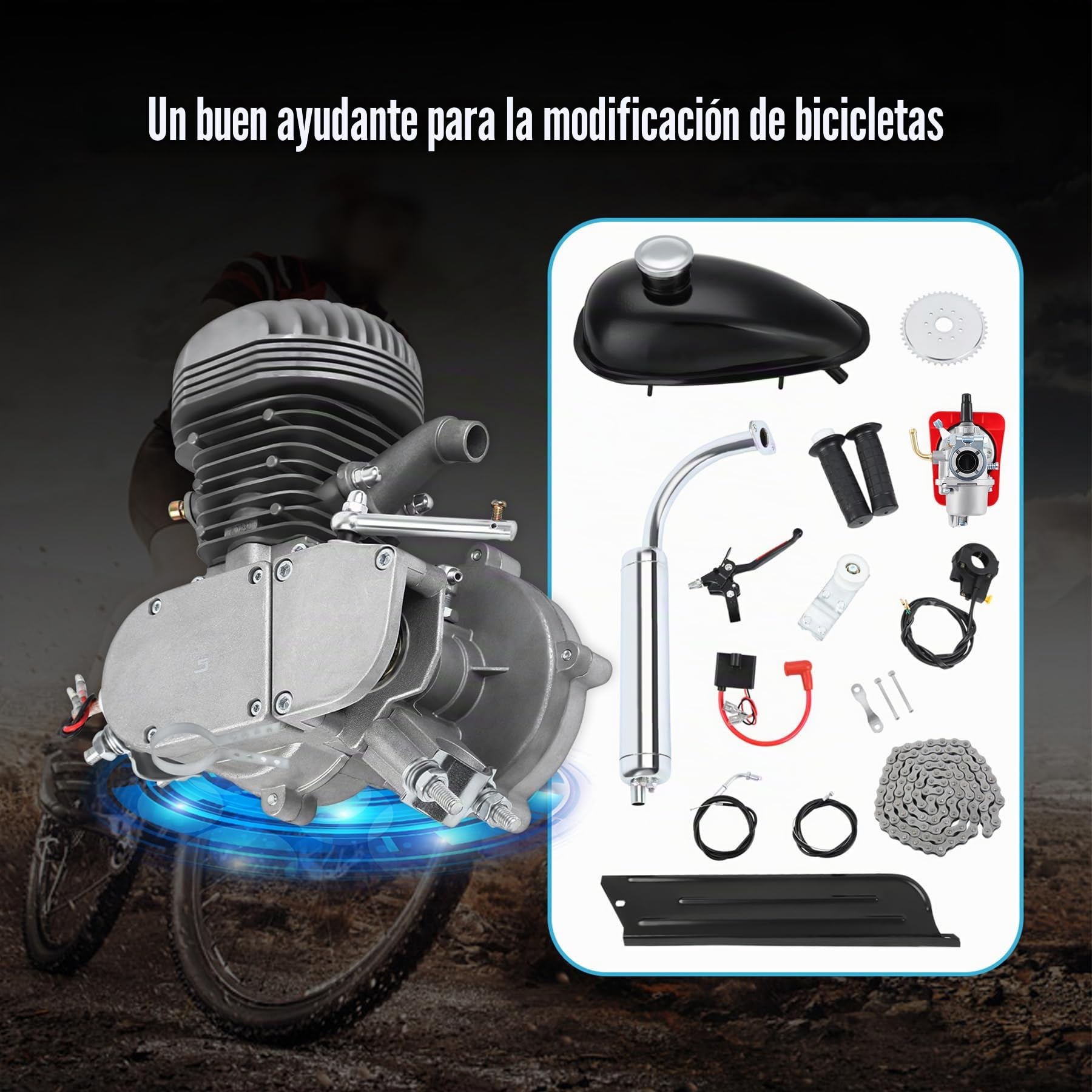 Kit de motorización para bicicleta de 2 tiempos, 100 cc, motor de gasolina, kit de conversión de bicicleta plateado