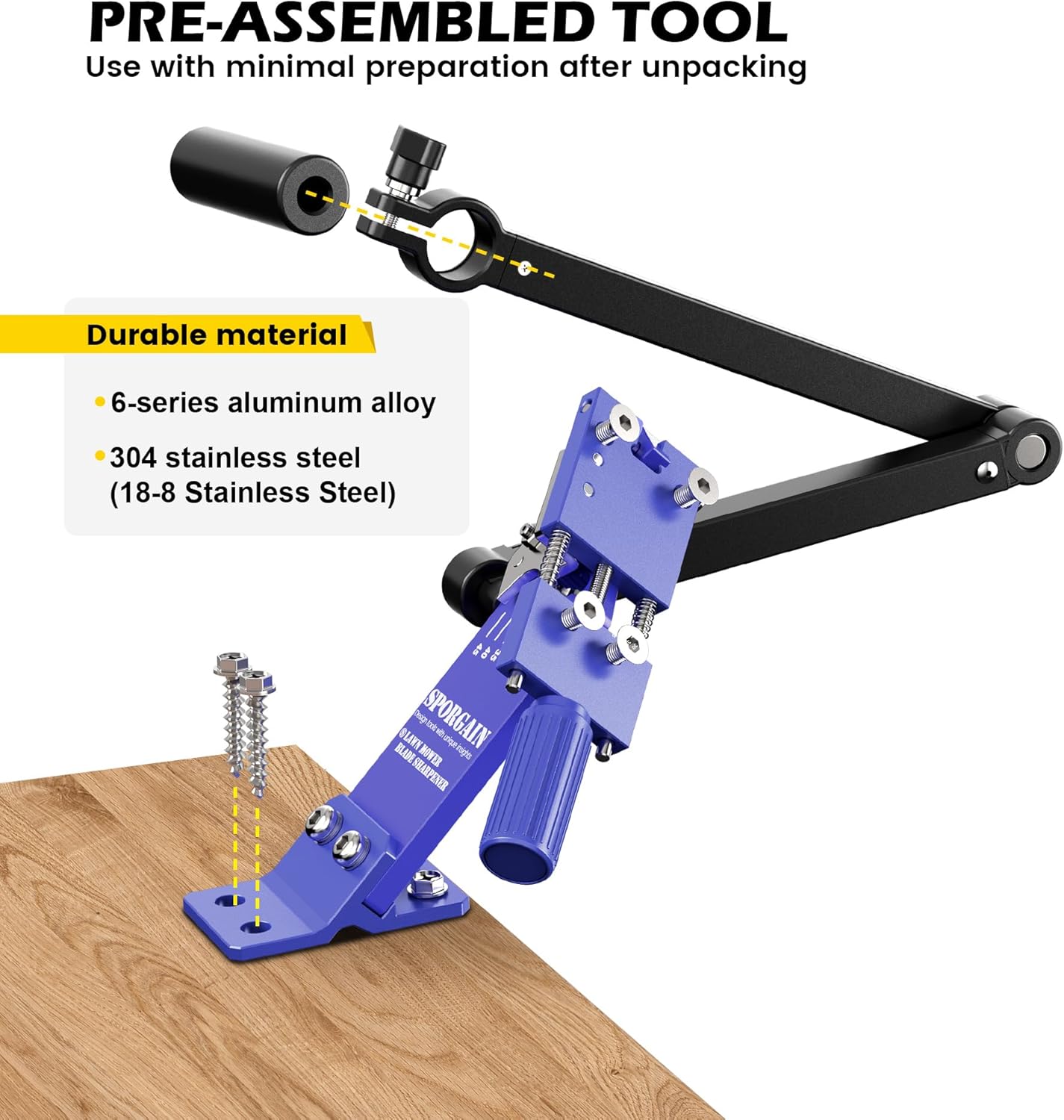 SporGain [Updated] Lawn Mower Blade Sharpener 15°-45° Adjustable Frame with Ball Bearing Manufacture Handle for Right & Left Hand Blades, Use with Angle Grinder, Blue