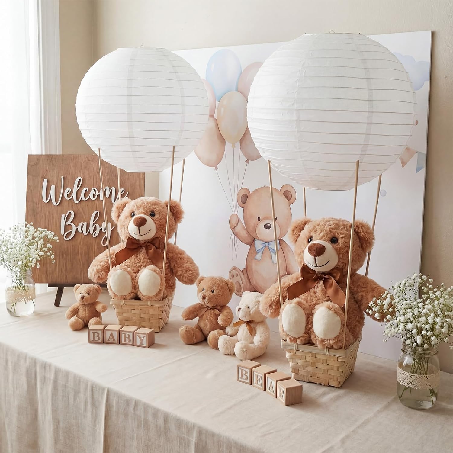 Sosation 6 Sets Large Hot Air Balloon Decorations with 13.7 Inch Plush Bears Baby Shower Table Centerpieces with Paper Lantern Basket Stick Glue Gun for Gender Reveal Wedding Birthday(White)