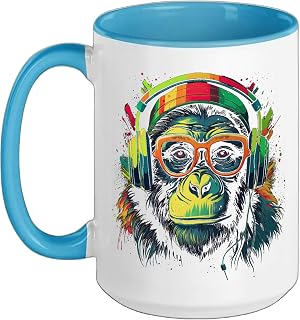 DJ Monkey With Headphones And Sunglasses Disco Ceramic Mug, Blue/White, 15oz