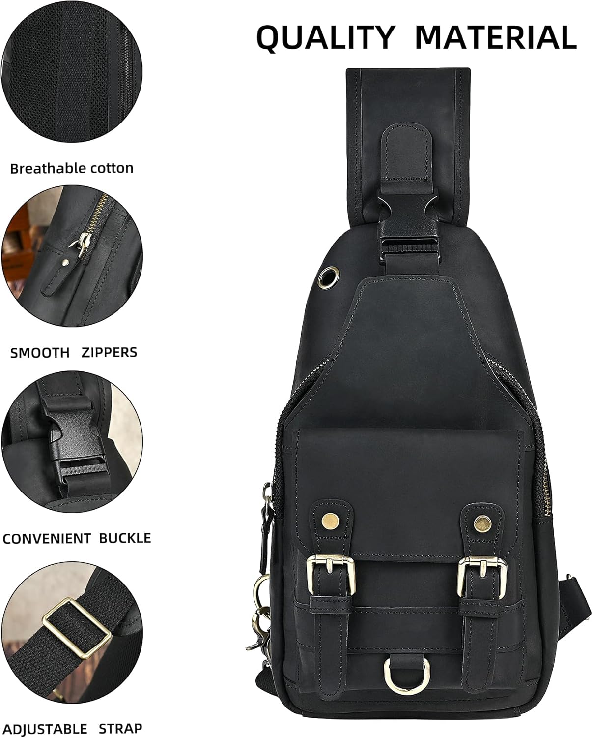 Genuine Leather Hiking Travel DayPack Sling Crossbody Triangle Chest Pack Bag For Men Women 8241 (Dark Black 258204)