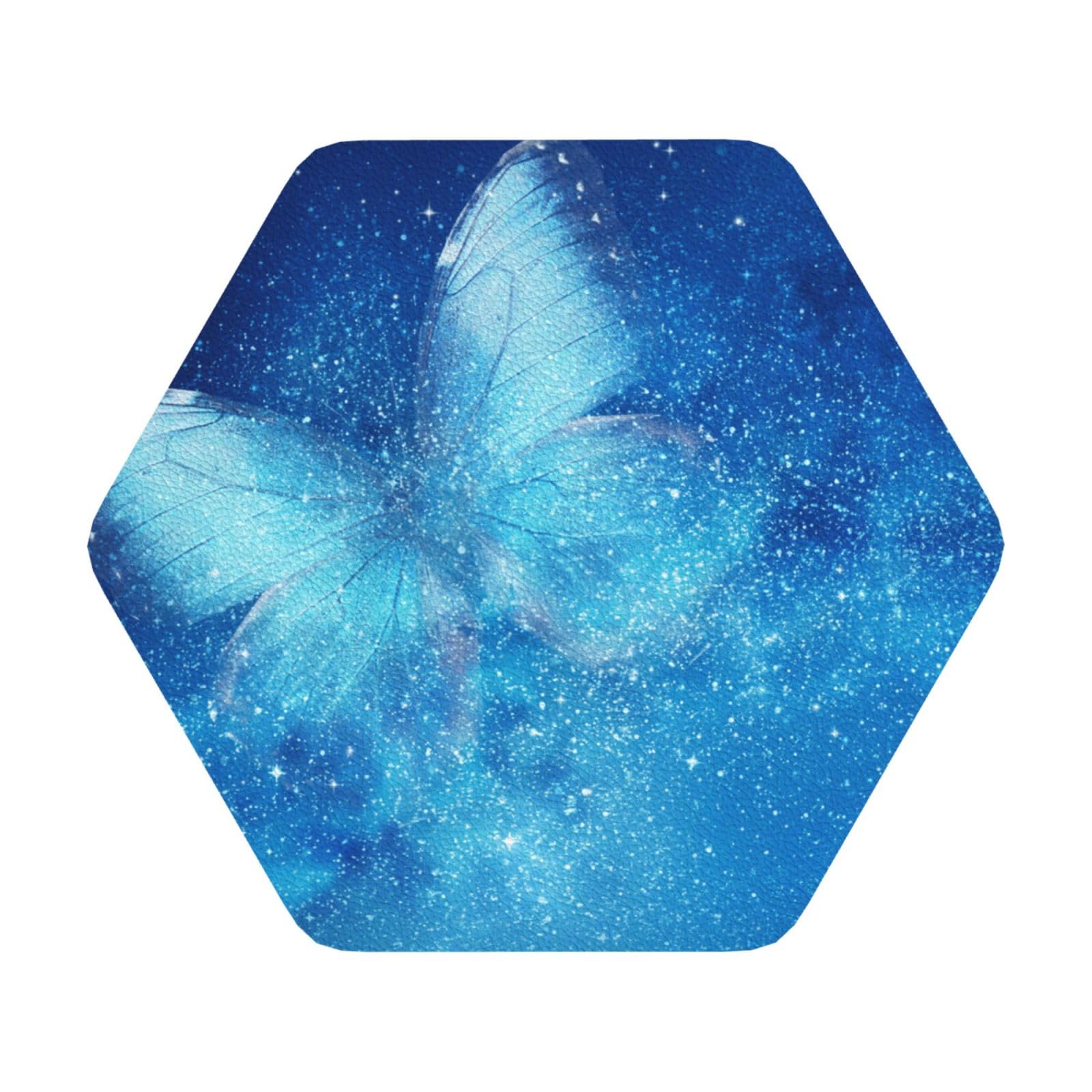 Blue Starry Butterfly PU Leather Coasters Set of 6 Hexagon Drink Coasters