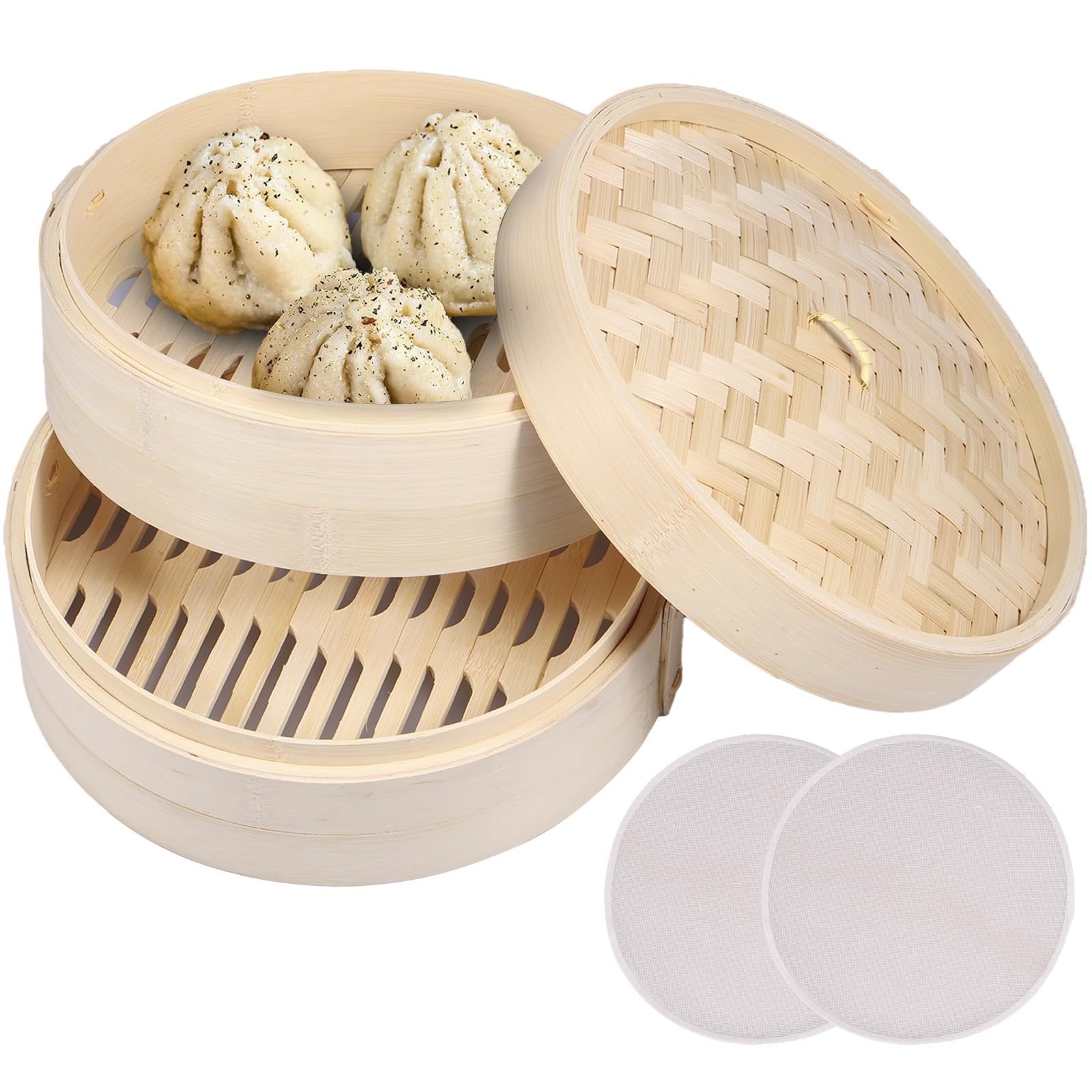 Eummy Bamboo Steamer Basket 10 Inch Dumpling Steamer Chinese Food Steamers with Lid and Steaming Cloth Strong Vegetable Steamer Basket Best for Dim Sum, Vegetables, Meat and Fish(2 Tiers)