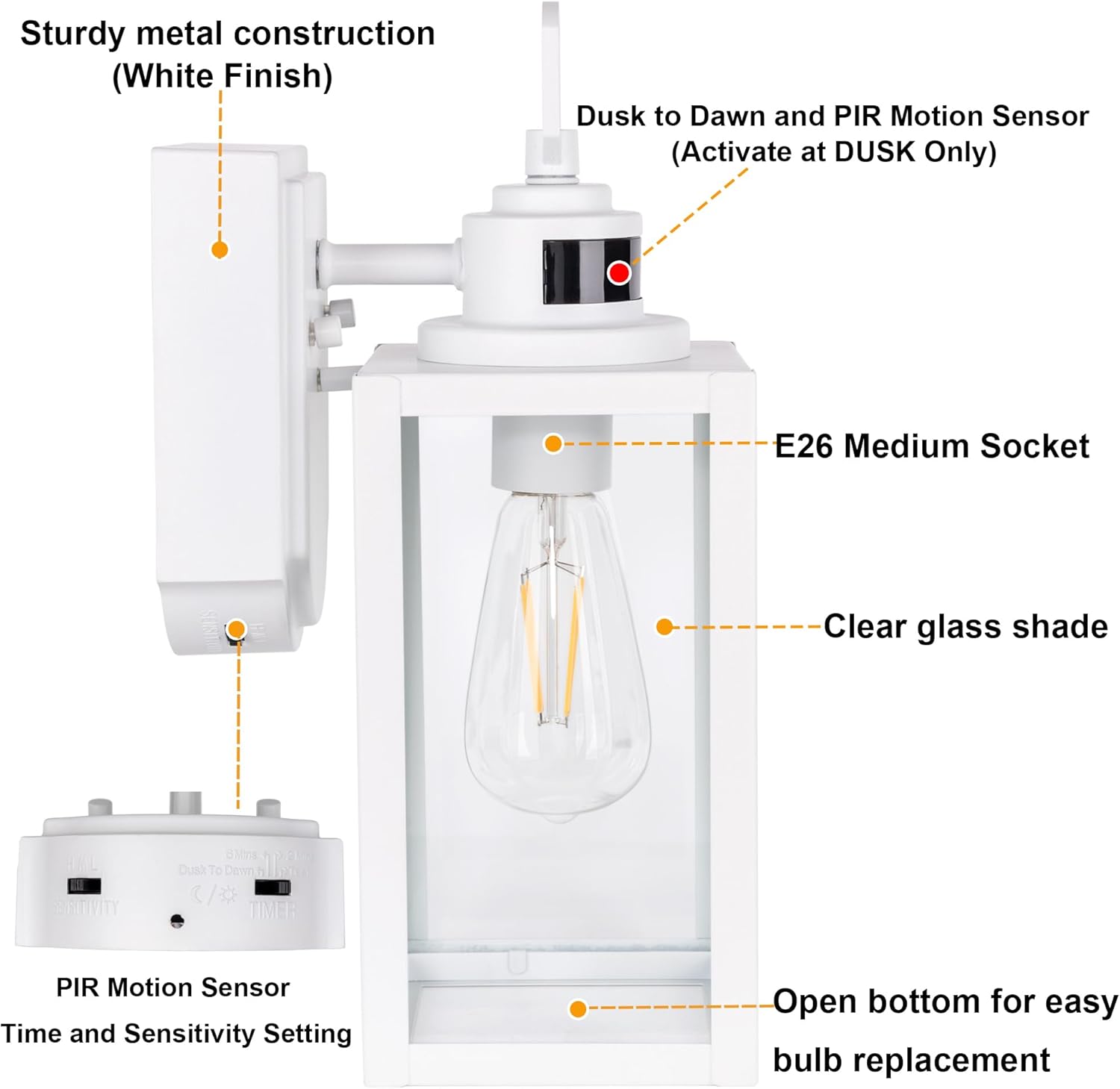 GRUENLICH Dusk to Dawn Outdoor Wall Lantern, PIR Motion Sensor Wall Sconce, E26 Base Max 60W, Metal Housing Plus Glass, White Finish, Bulb Not Included, 2-Pack