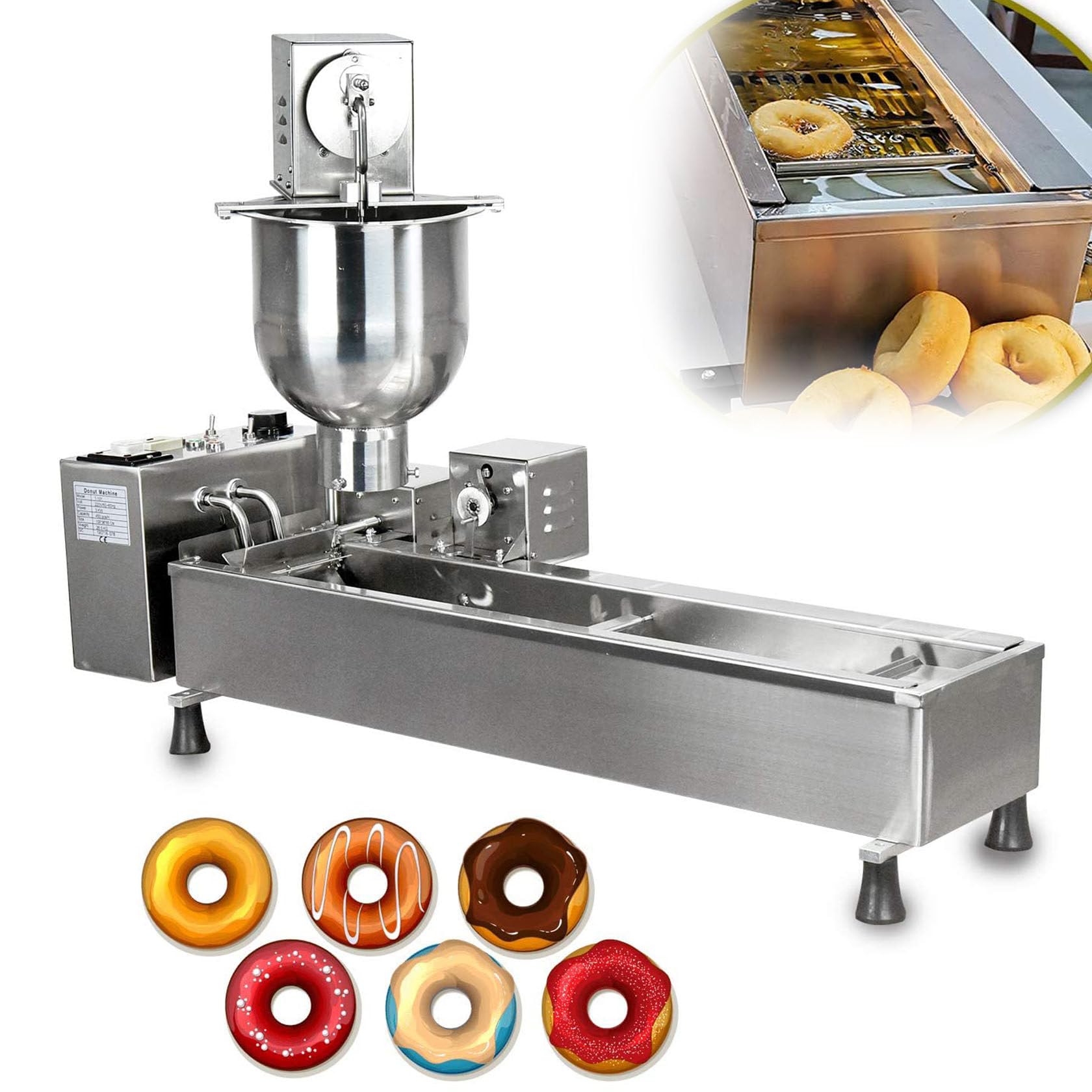 YEHOZZ Single Row Auto Doughnut Maker, Commercial Automatic Donut Making Machine, 7L Hopper Donut Maker with 3 Sizes Molds, Doughnut Fryer