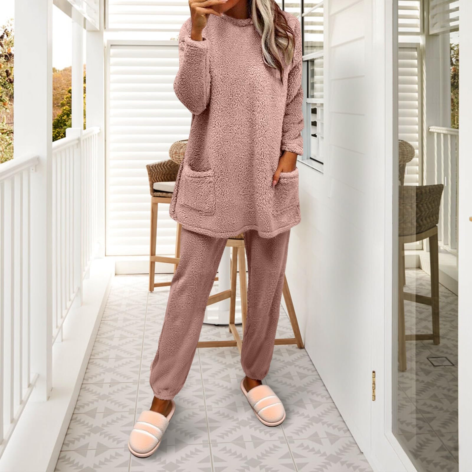 Da Donna A Maniche Lunghe con Pullover, Autunno E Inverno, in Morbido Pile Doppio, Rilievo Comodo Abbigliamento Casa per Le Notti Fredde Natale Pigiami Coppia Pigiama Lungo Cotone Mezza