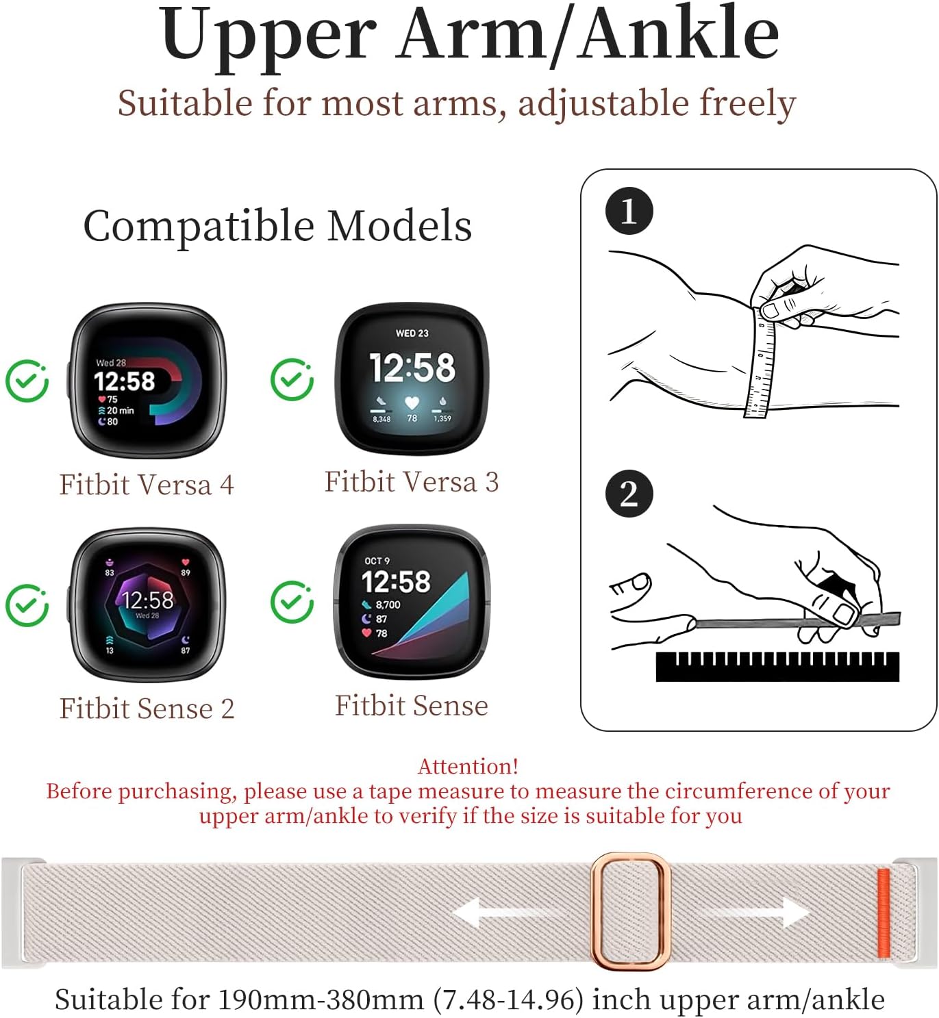 Sportarmband Arm Ankle Band Compatible with Fitbit Versa 4/Fitbit Versa 3 /Fitbit Sense 2/Fitbit Sense Bands, Elastic Nylon Adjustable Upper Oberarmband Bicep Band Jogging for Men Women image 2