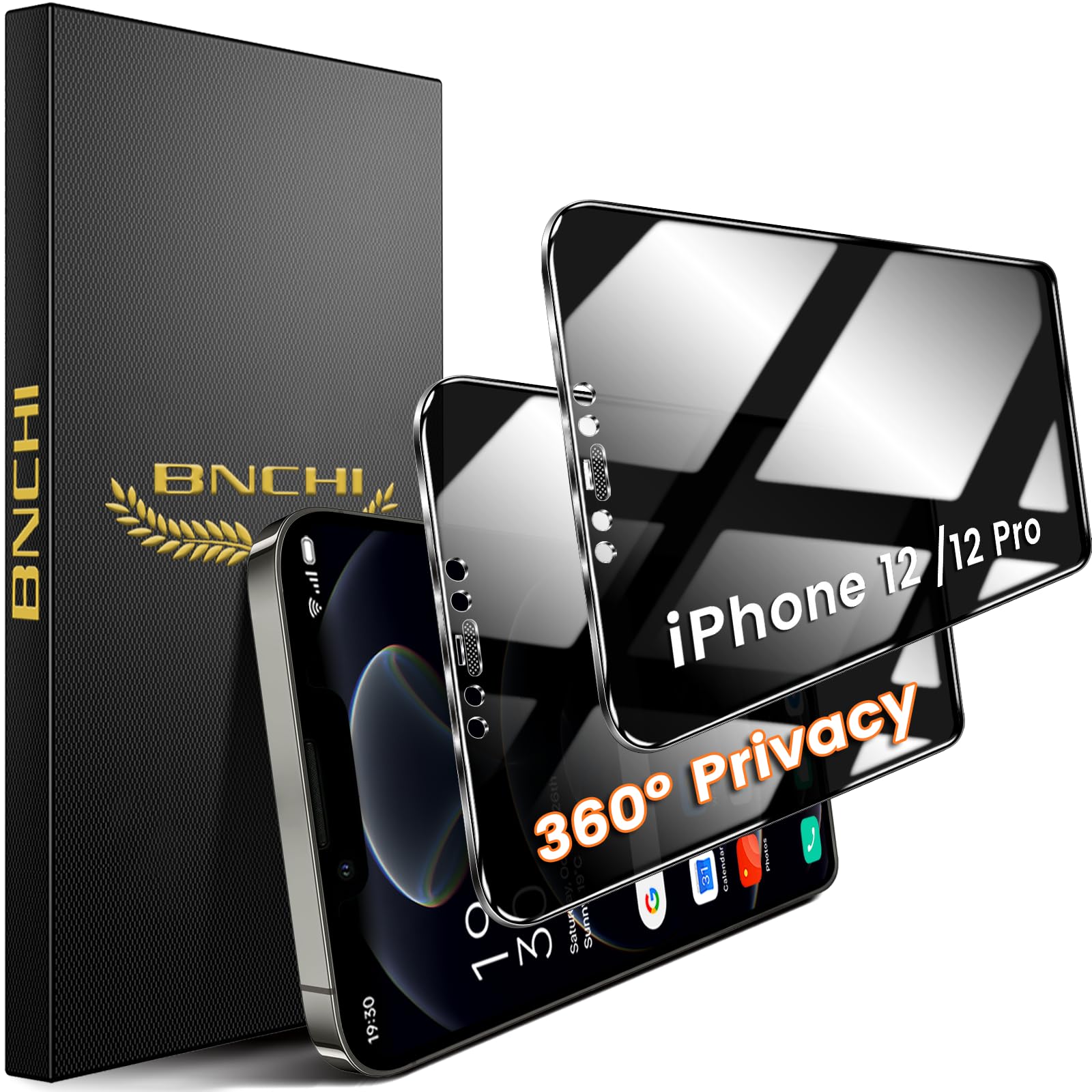 BNCHI 2 Pack 4 Way 360° Privacy Screen Protector for iPhone 12/iPhone 12 Pro 6.1-Inch, Horizontal and Vertical All Around Anti-Spy 9H Tempered Glass