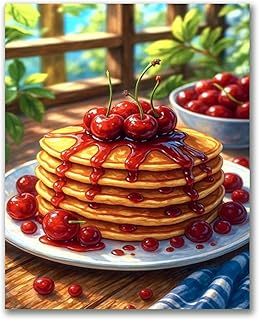 VETEB Paint by Numbers Kit for Adults Beginner Delicious Stack Pancakes Cherry Topping Syrup Drizzle DIY Canvas Paint by Numbers Acrylic Oil Painting for Home Wall Decor Gifts 16x20 Inch