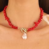 1PC Red Crushed Beaded Pearl Necklace, Irregular Gemstone Chips Interspersed with Lustrous Cultured Pearls, Boho Layered Statement Choker for Date, Lightweight Hand Strand Jewelry(Red)