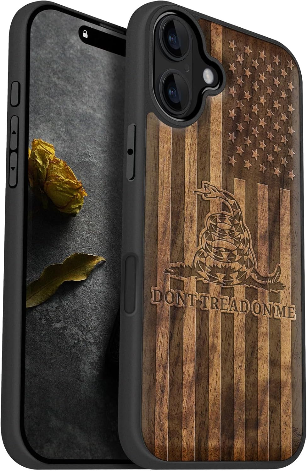Carveit Magnetic Wooden Case for iPhone 16 Plus Case, Wood Artisan Engraved & Black Soft TPU Shockproof Cover, Compatible with MagSafe Wireless Chargers (Gadsden and American Flag) Walnut