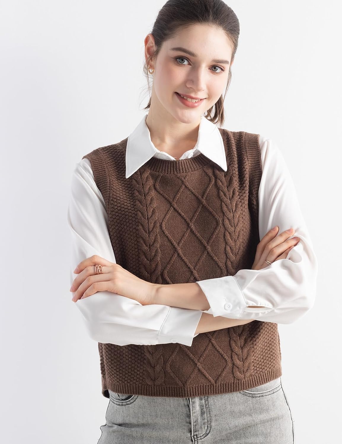 Women's Merino Wool Blend Sweater Vest 2025 Fall Winter Casual Crew Neck Cable Sleeveless Knit Pullover Sweater - Image 5