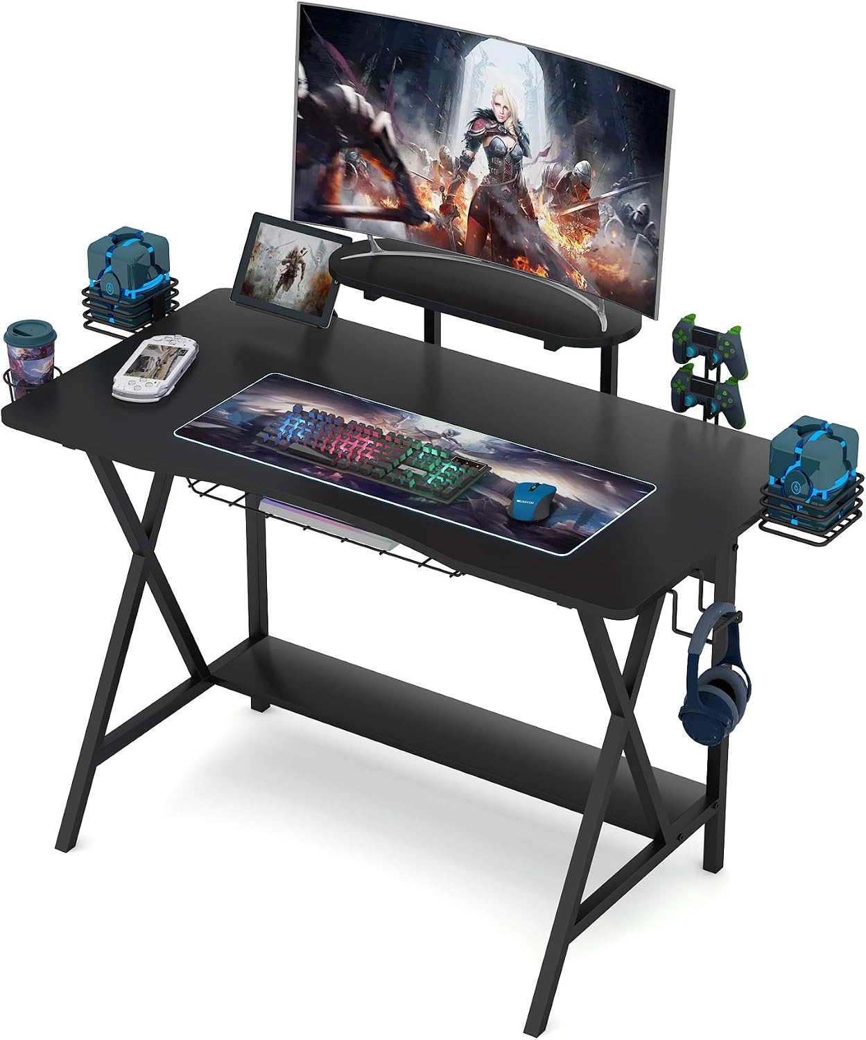 Tribesigns Computer Desk Gaming Desk Writing Workstion Study Desk PC Notebook Laptop Computer Desk Table with Monitor Stand, Shelf Controller Stand Cup Holder Headphone Hook for Home Office (Black)