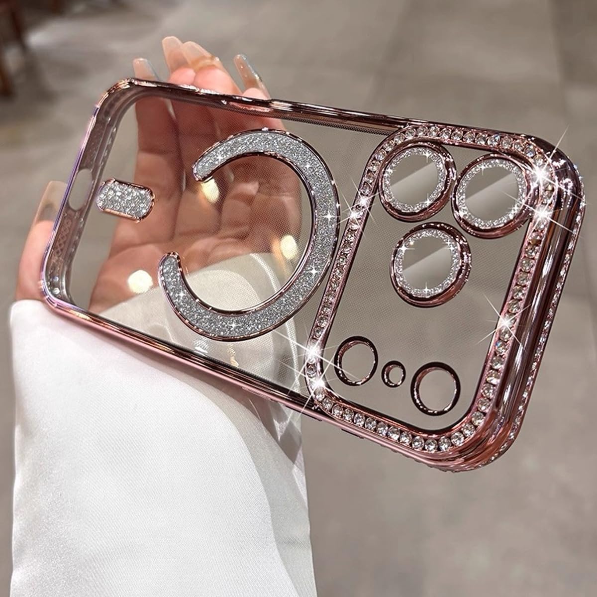 Magnetic Clear Glitter Case for iPhone 17 Pro Max,[Compatible with MagSafe] Cute Bling Sparkly Diamond Rhinestones with Camera Protector TPU Bumper Women Girls Case for iPhone 17 Pro Max,Pink - Image 7