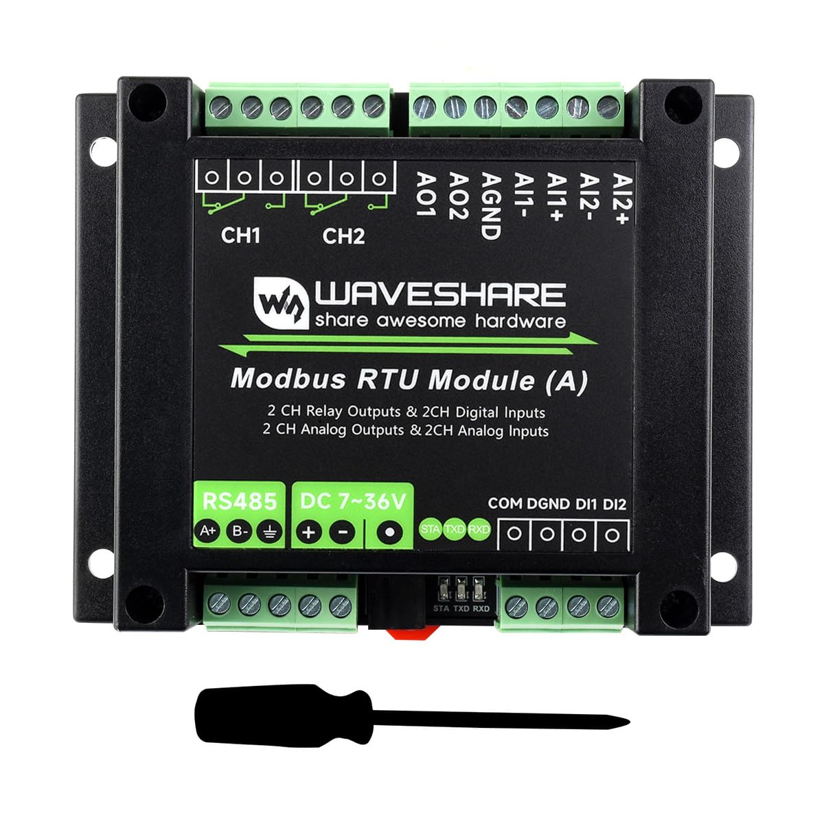 Produktbild von Waveshare Modbus RTU I/O Modul – Isoliert, 7-36V, 12-bit, Schienenmontage – Für Industrielle Automatisierung & Sensorik