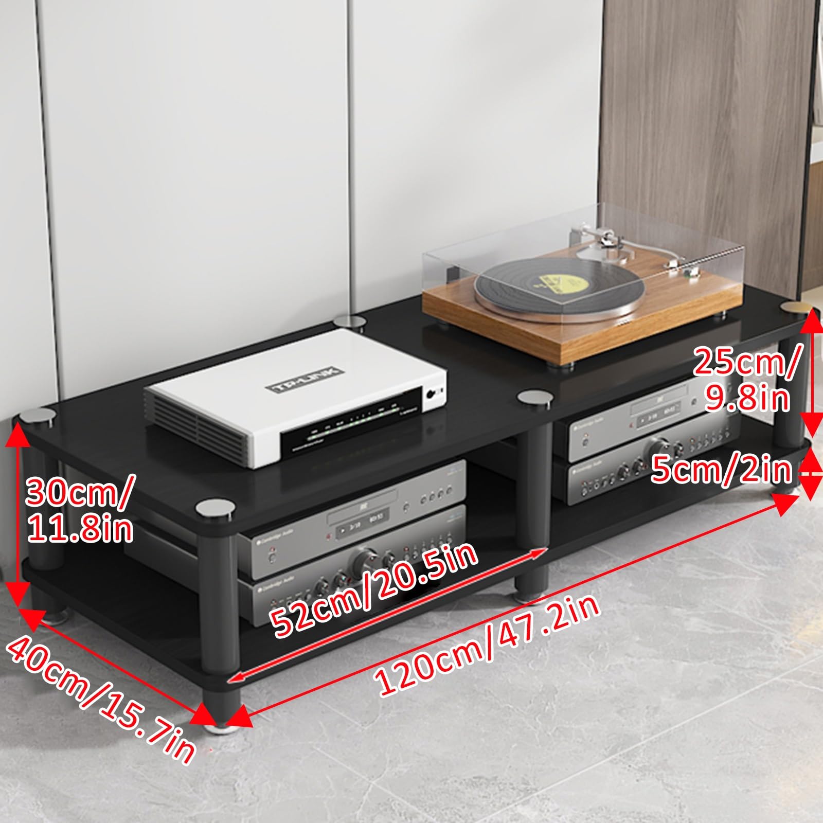 Supporto per giradischi con contenitore per vinili, supporto per altoparlanti, tavolo per giradischi di metà secolo, ripiani angolari in legno, mobiletto per componenti per lettori DVD/decoder via c