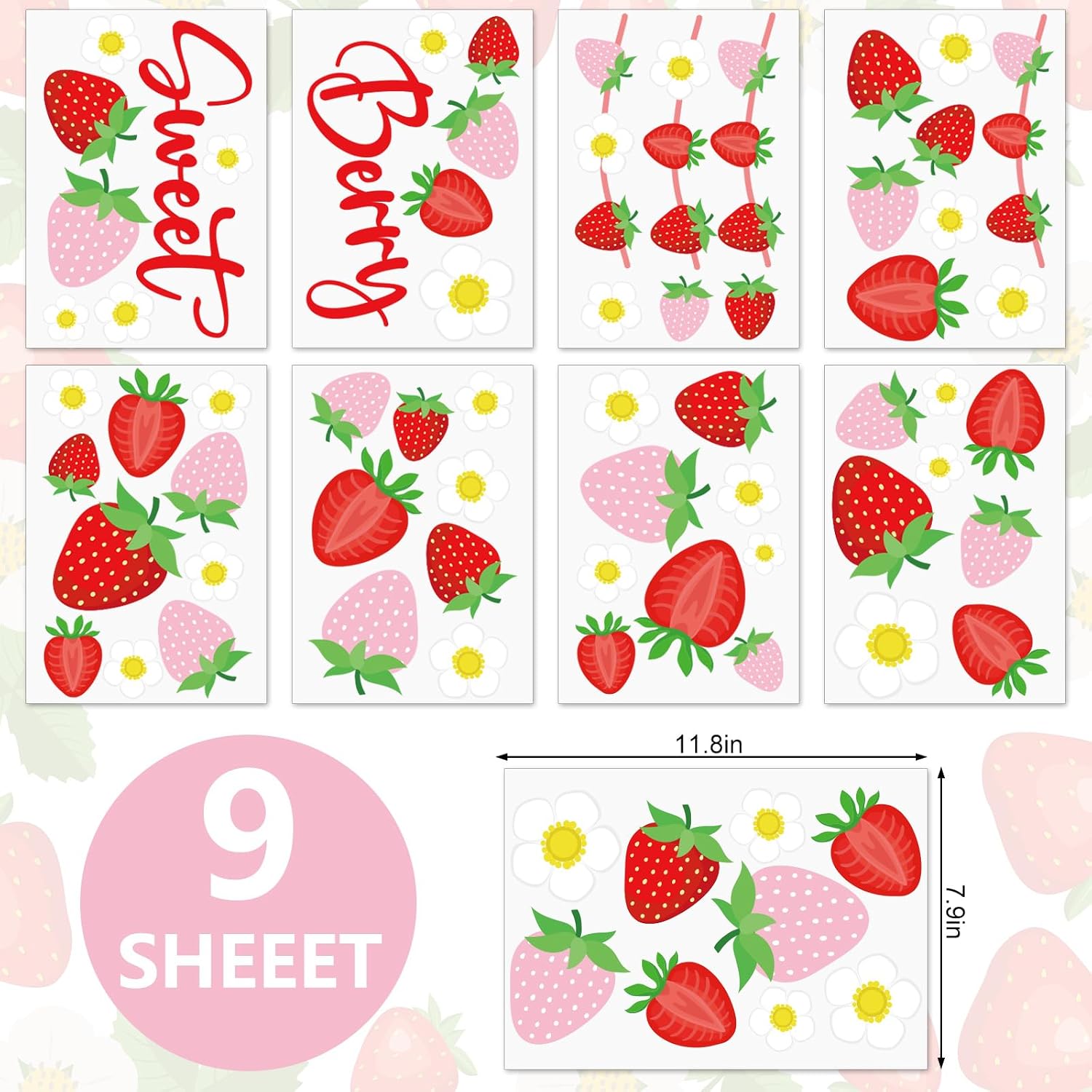 JarThenaAMCS Strawberry Daisy Wall Stickers Berry Sweet Wall Decals Room Mural Stickers for Spring Summer Home Bedroom Nursery One Birthday Party Decor, 7.9 x 11.8 Inch, 9 Sheets image 2
