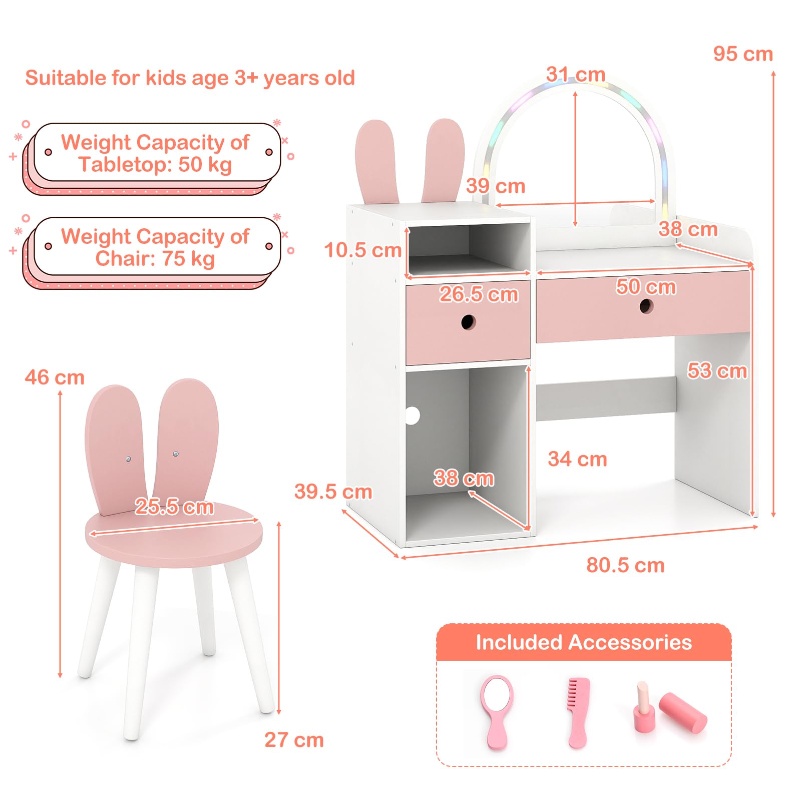 LIFEZEAL Specchiera Trucco per Bambina 3+Anni, con Luci, Sgabello, Sedia, Toeletta Tavolo, Forma di Coniglio, Postazione Make up, Vanity, Cassetti, Scomparti Aperti, Accessori, Cameretta (bianco)