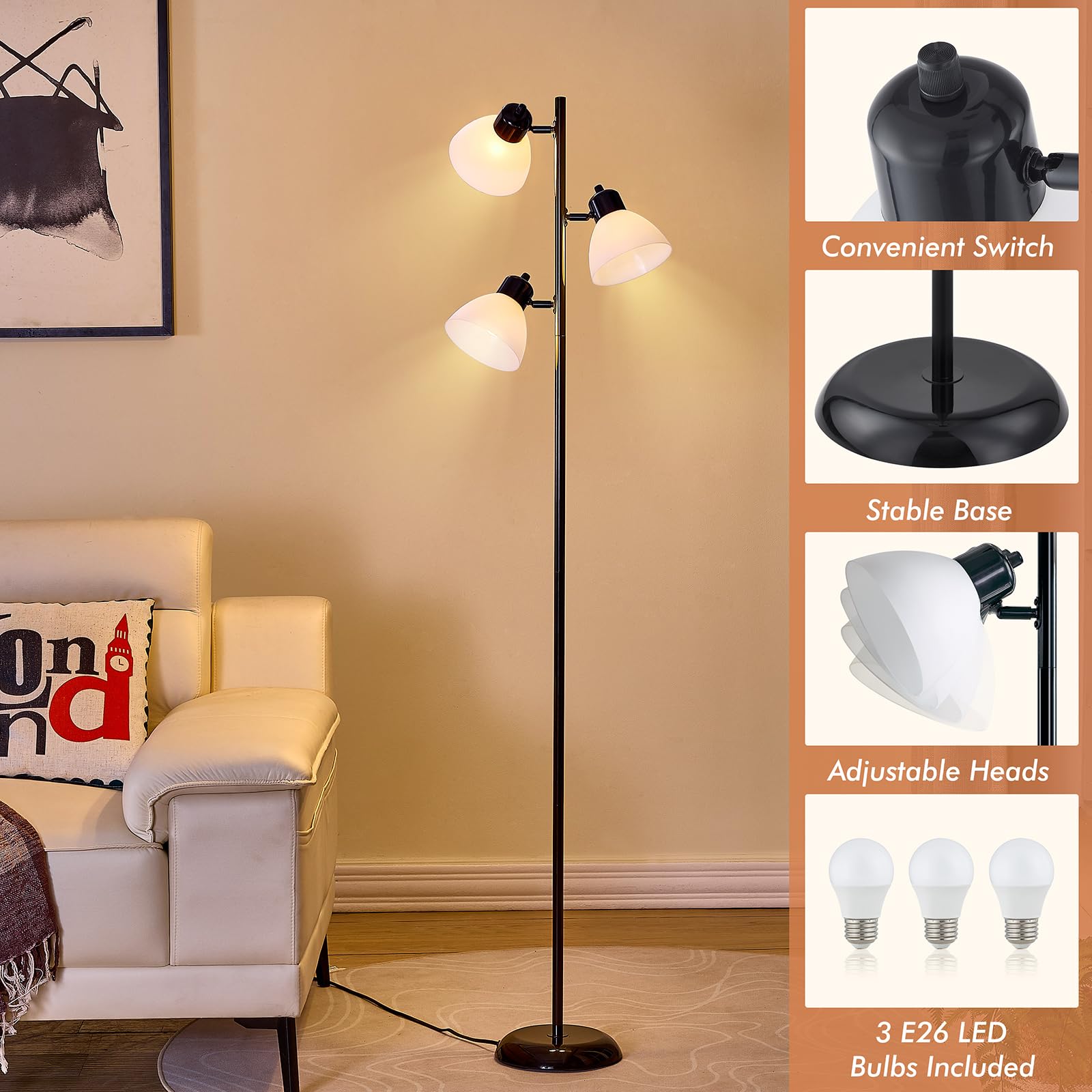 Lámpara de pie moderna de árbol para sala de estar, dormitorio, lámparas de pie de poste alto con 3 cabezales giratorios ajustables para oficina, esquina de decoración, lectura en interiores, 3 4