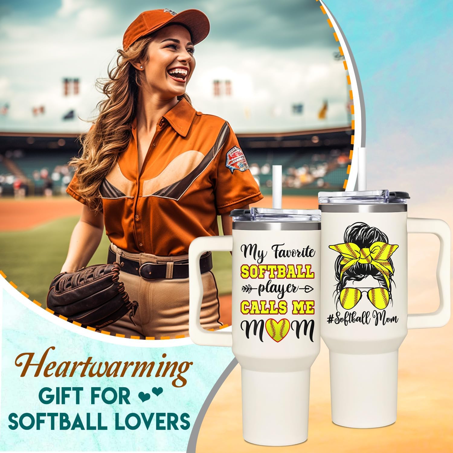 Softball Mom Gifts - Softball Gifts For Mom From Son, Daughter, Boy, Girl, Kids, Friends - Softball Birthday Gifts For Mom - Christmas Softball Presents For Mom - Softball Mom Tumbler With Handle 40oz - Image 2