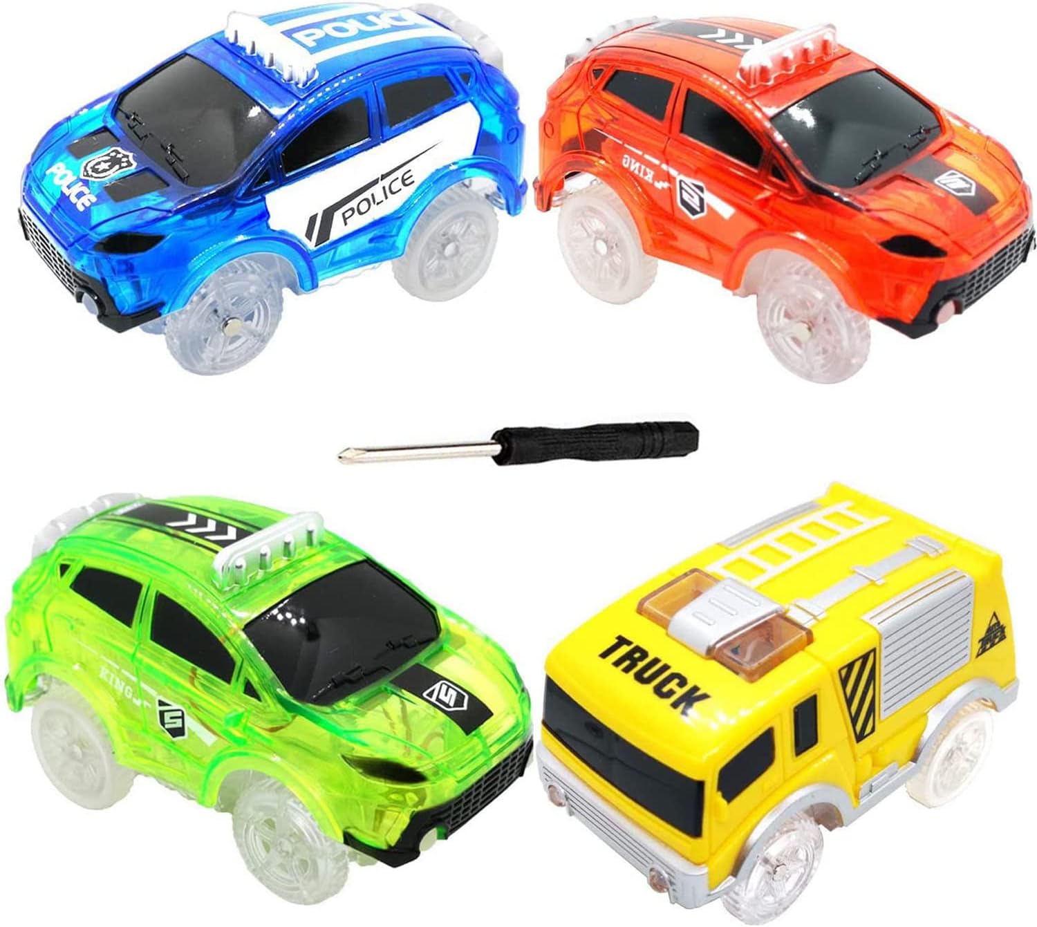 Track Cars Compatible with Magic Tracks and Neo Tracks Light Up Racing Track Accessories with 3 Flashing LED Lights Glow in The Dark Best Toys for Boys and Girls (4 Pack)