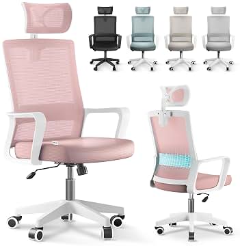 JUPPLIES Silla Escritorio Ergonomica - Silla Oficina Ajustable y Reclinable con Soporte Lumbar, Reposacabezas Ajustable, Malla Transpirable, Ruedas Giratorias 360° Soporta hasta 100kg (Rosa)
