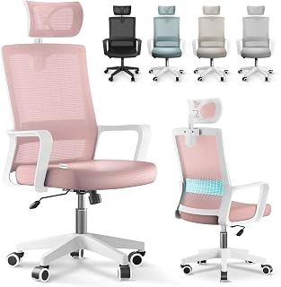JUPPLIES Silla Escritorio Ergonomica - Silla Oficina Ajustable y Reclinable con Soporte Lumbar, Reposacabezas Ajustable, Malla Transpirable, Ruedas Giratorias 360° Soporta hasta 100kg (Rosa)