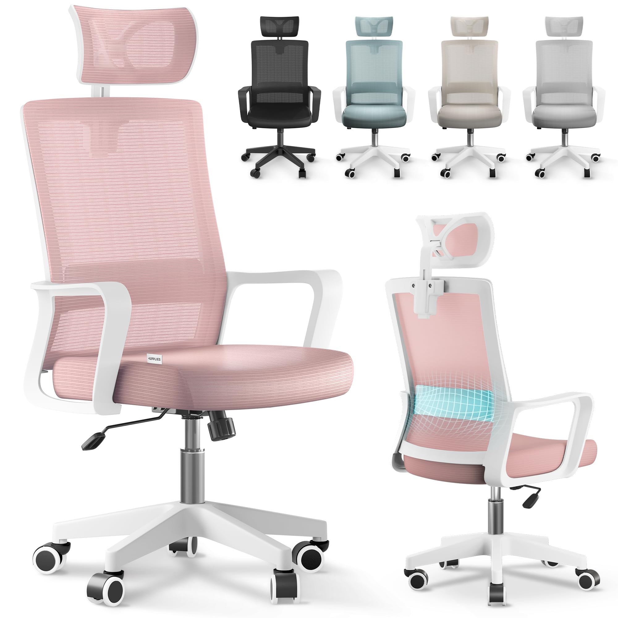 JUPPLIES Ergonomic Desk Chair – Adjustable and Reclining Office Chair with Lumbar Support, Adjustable Headrest, Breathable Mesh, 360° Swivel Wheels Supports up to 120 kg (Pink)