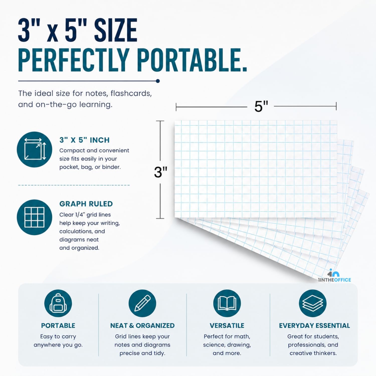 1InTheOffice Index Cards 3x5 Graph Ruled White, Grid Index Cards 200/Pack image 3
