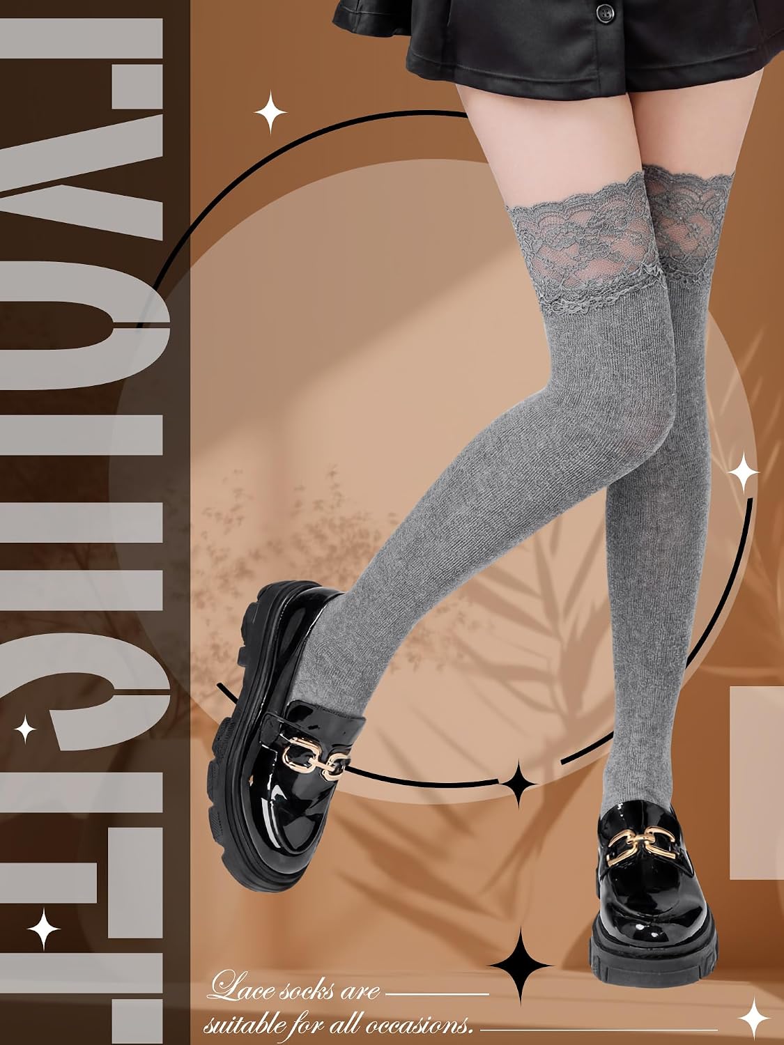 Fourluoo 4 Pairs Women's Knee High Lace Socks Long Stocks Knee High Lace Socks Kawaii Top Lolita Boot Stockings