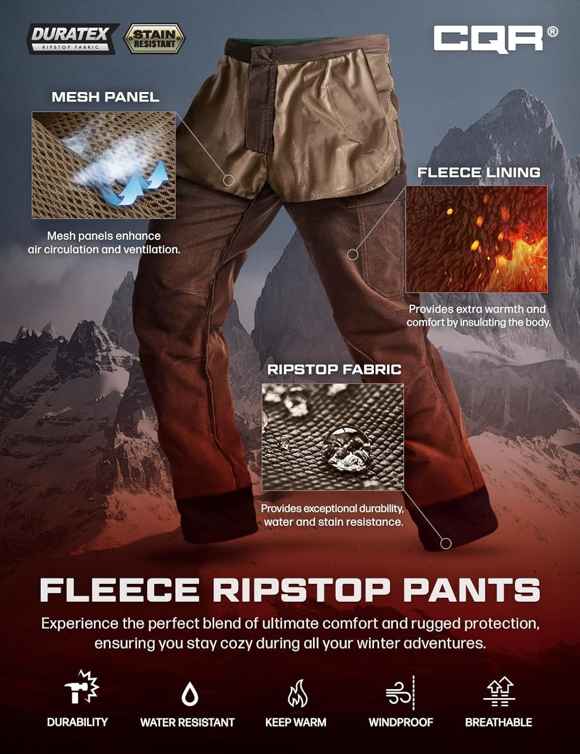 CQR Men's Winter Tactical Cargo Pants, Thermal Fleece Lined Outdoor Snow Ski Hiking Work - Image 7