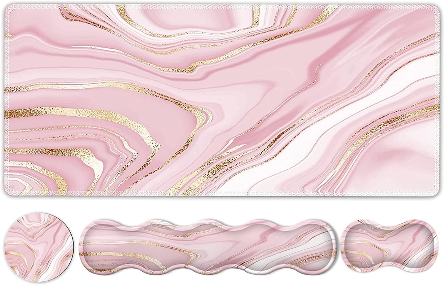 Gaming Mouse Pad Keyboard Wrist Support, 4 in1 Mousepad Set with Wrist Keyboard Rest, Computer Desk Mat, Non-Slip Desk Pad Protector with Memory Foam Easy Typing Pain Relief I Pink Gold Marble