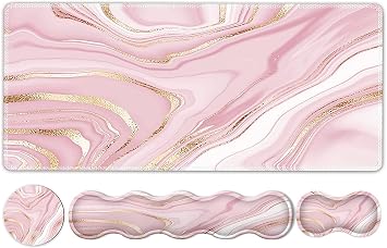 Gaming Mouse Pad Keyboard Wrist Support, 4 in1 Mousepad Set with Wrist Keyboard Rest, Computer Desk Mat, Non-Slip Desk Pad Protector with Memory Foam Easy Typing Pain Relief I Pink Gold Marble