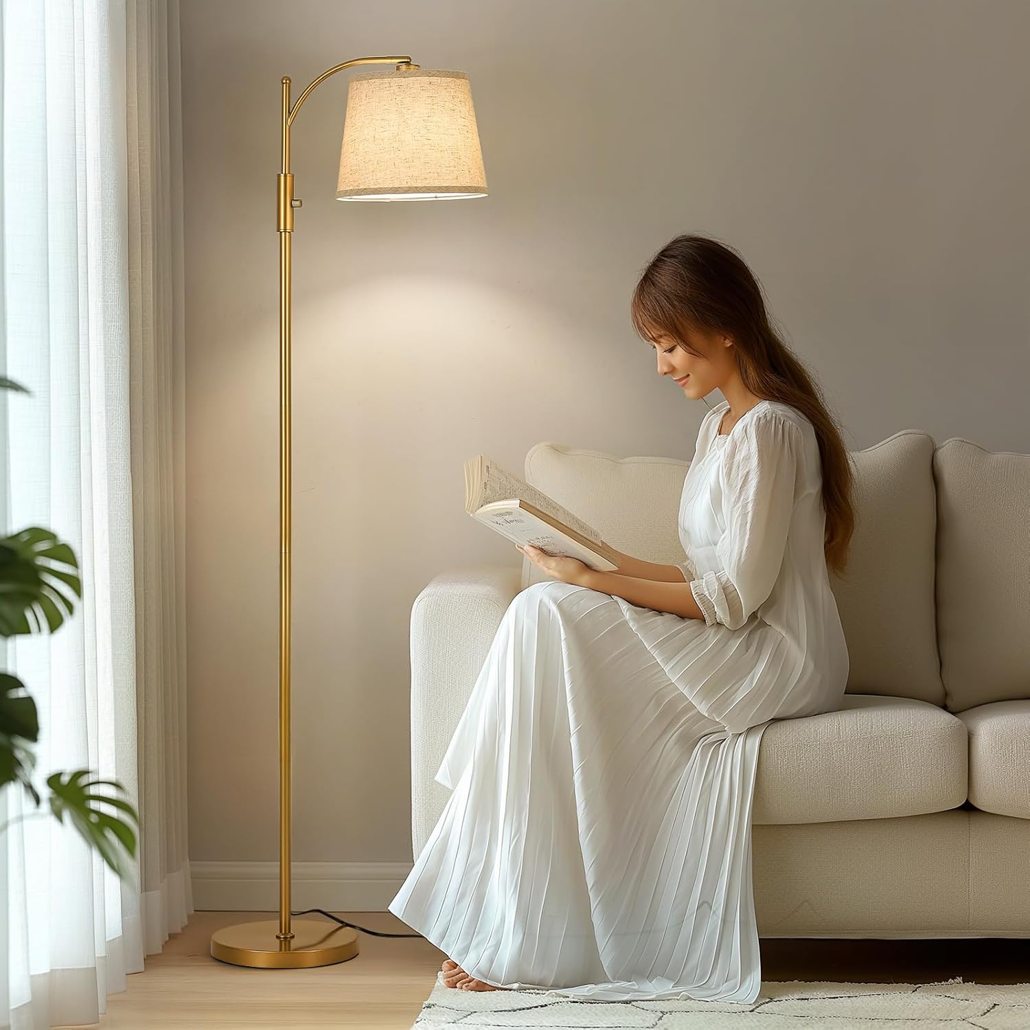 AIDENOEY Fully Dimmable Floor Lamp for Living Room，Standing Lamp Rotary Switch with Linen Beige Shade，Golden Tall Lamps for Bedroom with Adjust Head，9W LED Bulb Included